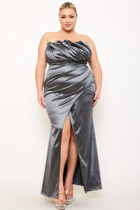 GLITTERED SATIN PLEATED PLUS SIZE MAXI DRESS