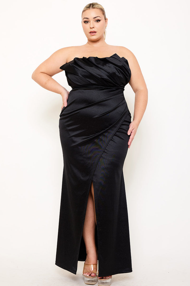 GLITTERED SATIN PLEATED PLUS SIZE MAXI DRESS