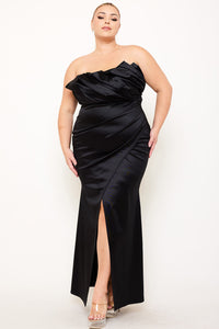 GLITTERED SATIN PLEATED PLUS SIZE MAXI DRESS