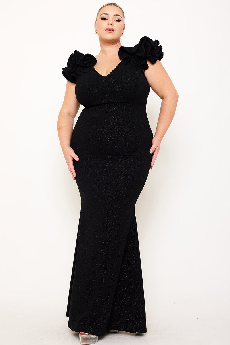 GLITTERED RUFFLE SLEEVE PLUS SIZE MAXI DRESS