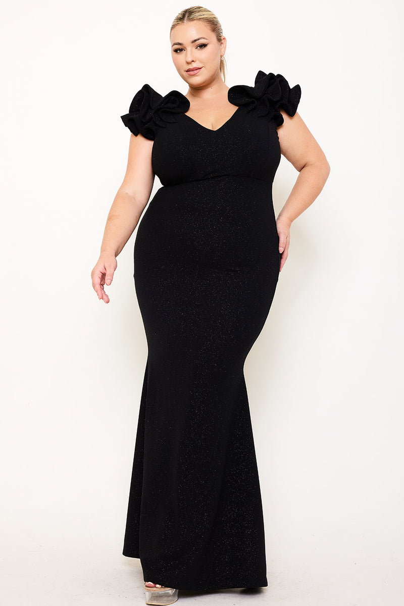 GLITTERED RUFFLE SLEEVE PLUS SIZE MAXI DRESS