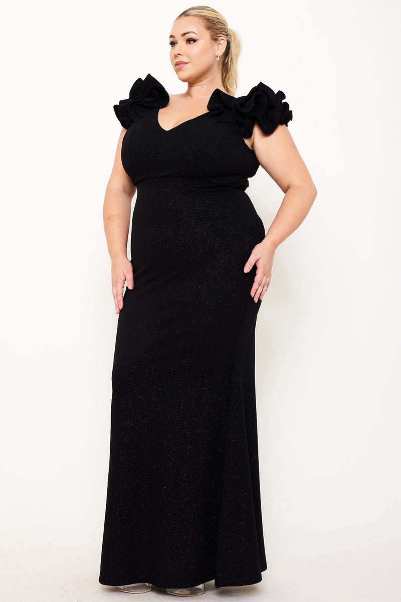 GLITTERED RUFFLE SLEEVE PLUS SIZE MAXI DRESS