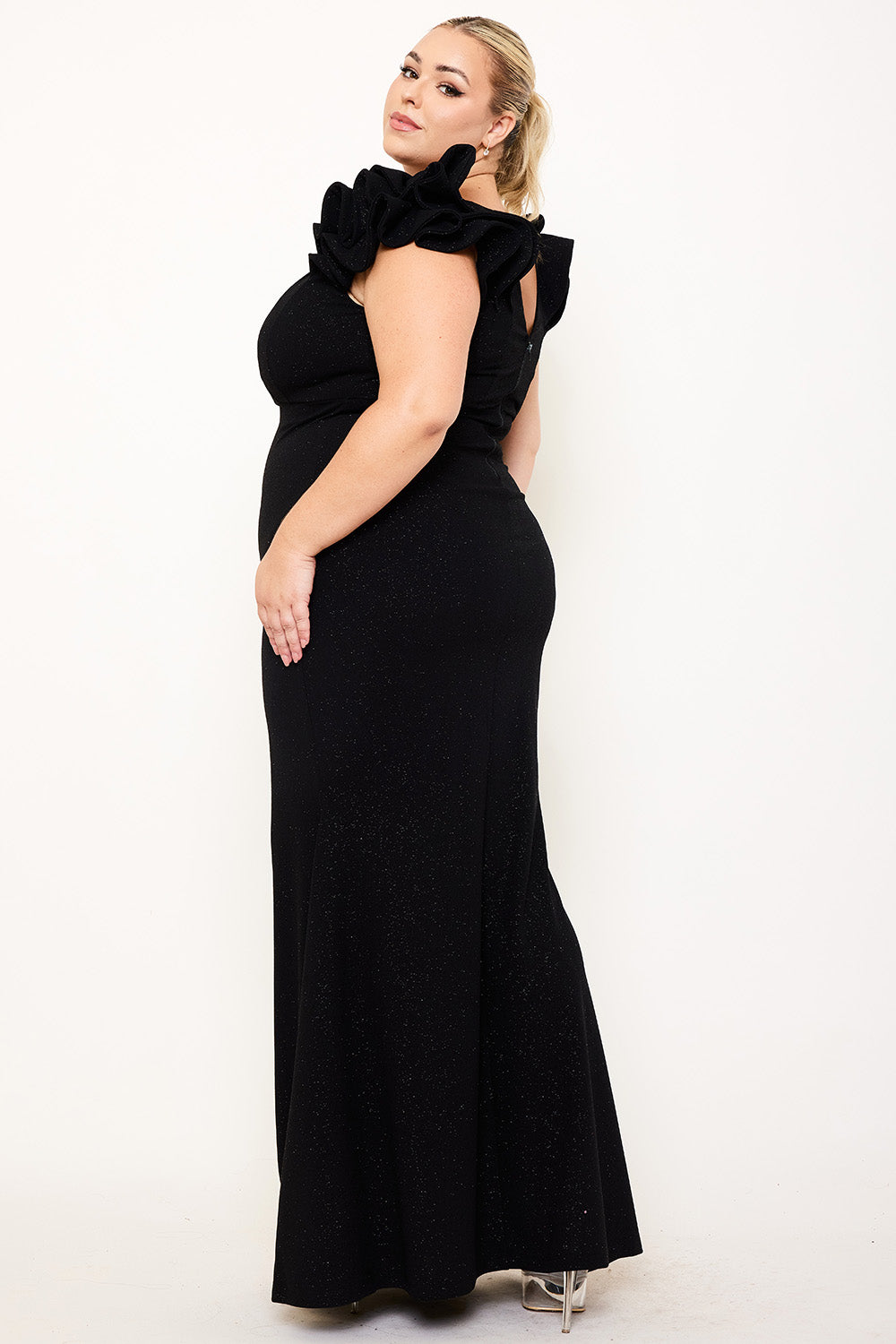 GLITTERED RUFFLE SLEEVE PLUS SIZE MAXI DRESS