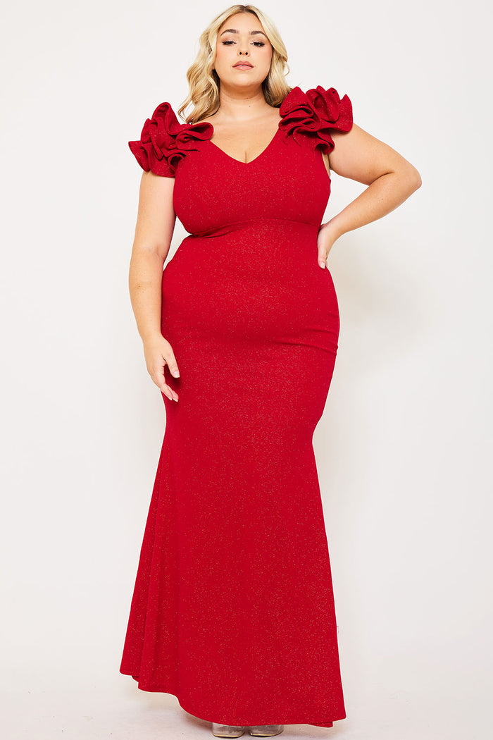 GLITTERED RUFFLE SLEEVE PLUS SIZE MAXI DRESS