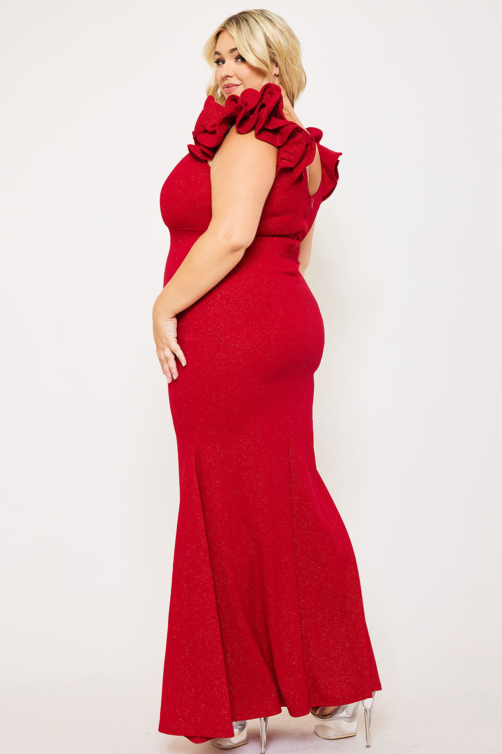 GLITTERED RUFFLE SLEEVE PLUS SIZE MAXI DRESS