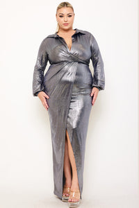 RIB FOIL PLEATED WAIST PLUS SIZE SHIRT MAXI DRESS