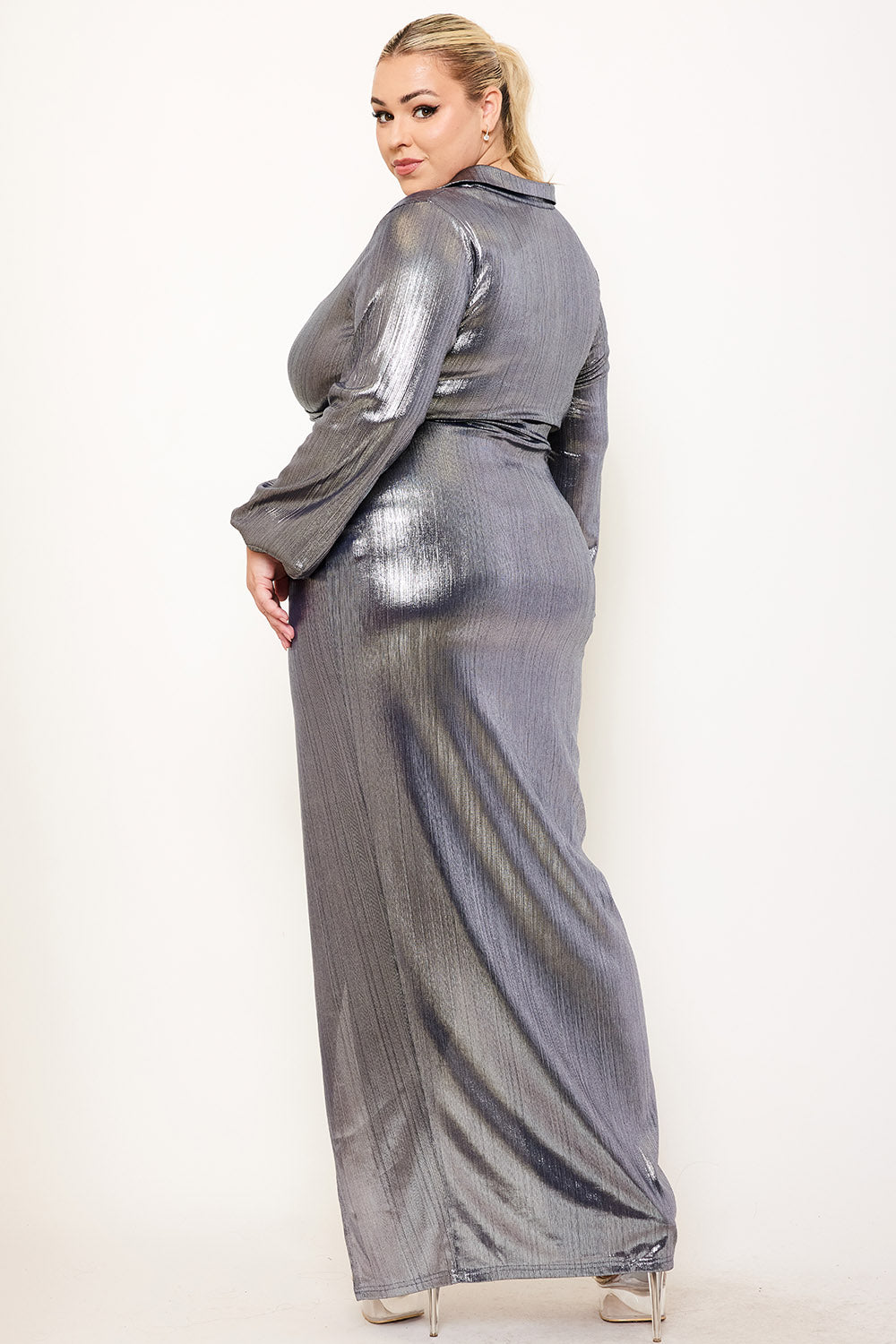 RIB FOIL PLEATED WAIST PLUS SIZE SHIRT MAXI DRESS