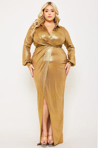 RIB FOIL PLEATED WAIST PLUS SIZE SHIRT MAXI DRESS