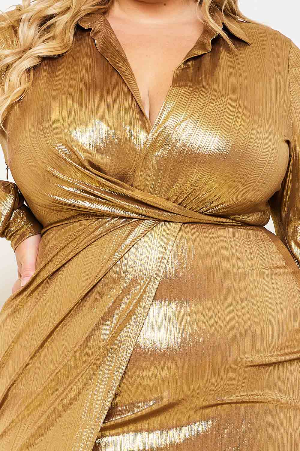 RIB FOIL PLEATED WAIST PLUS SIZE SHIRT MAXI DRESS