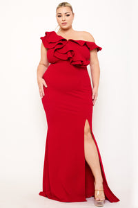 DOUBLE RUFFLE ONE SHOULDER PLUS SIZE MAXI DRESS