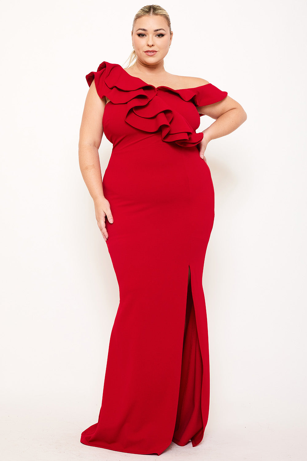 DOUBLE RUFFLE ONE SHOULDER PLUS SIZE MAXI DRESS