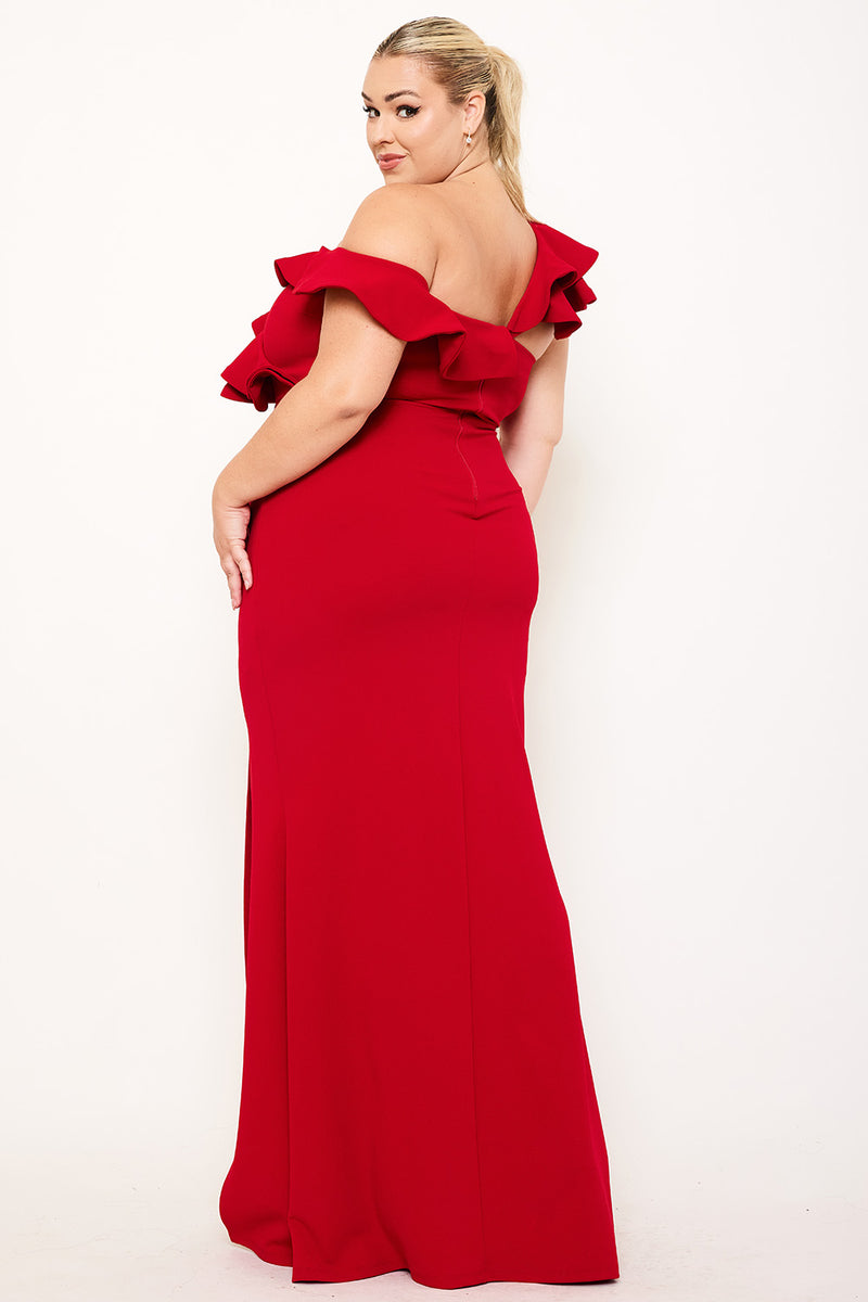 DOUBLE RUFFLE ONE SHOULDER PLUS SIZE MAXI DRESS