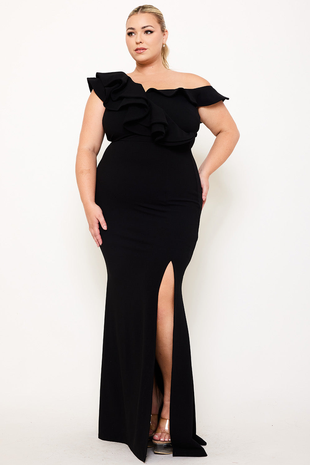 DOUBLE RUFFLE ONE SHOULDER PLUS SIZE MAXI DRESS