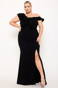 DOUBLE RUFFLE ONE SHOULDER PLUS SIZE MAXI DRESS