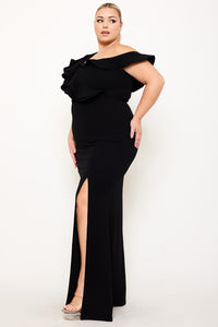 DOUBLE RUFFLE ONE SHOULDER PLUS SIZE MAXI DRESS