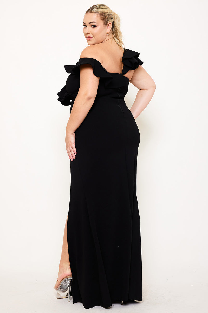 DOUBLE RUFFLE ONE SHOULDER PLUS SIZE MAXI DRESS