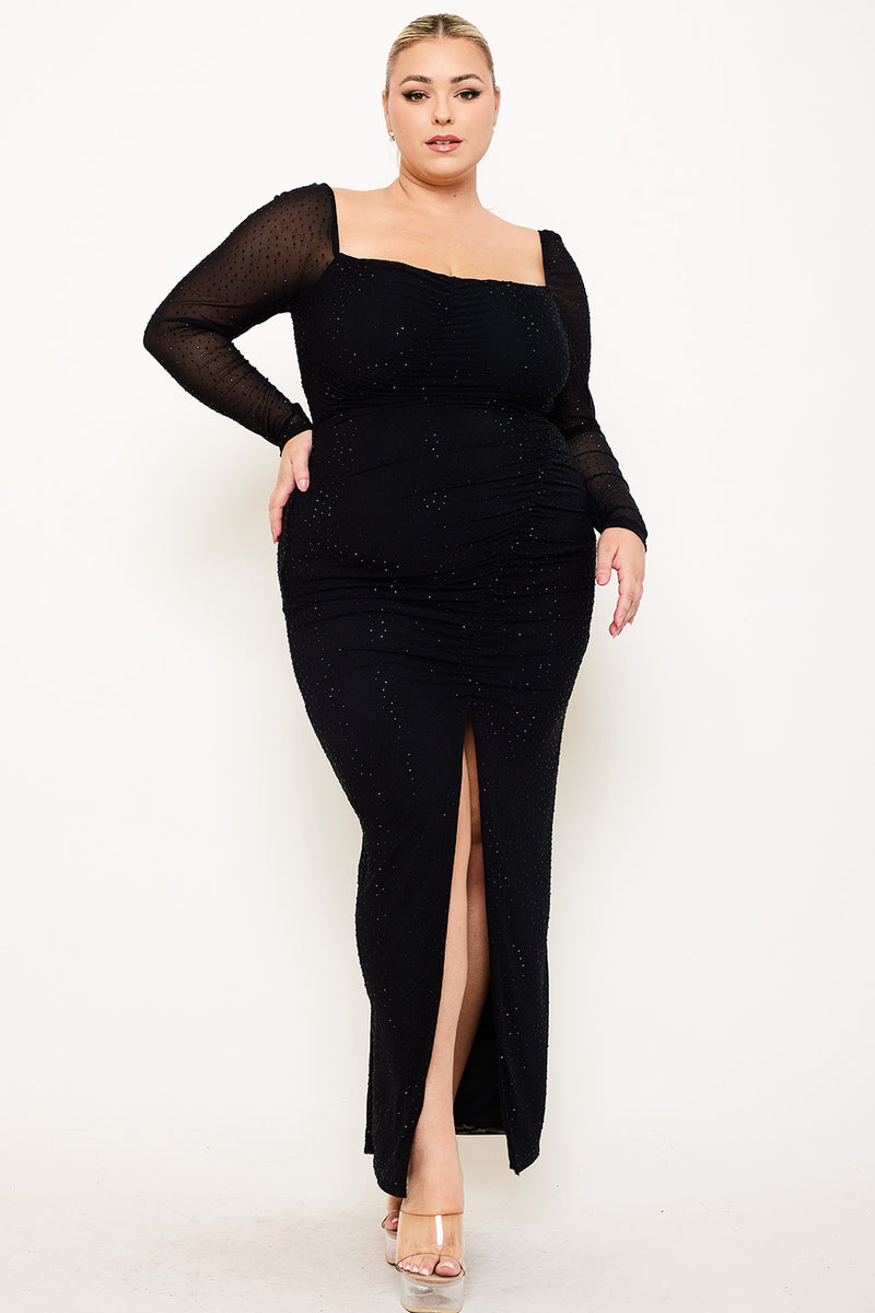 RHINESTONE ON MESH RUCHED PLUS SIZE MAXI DRESS