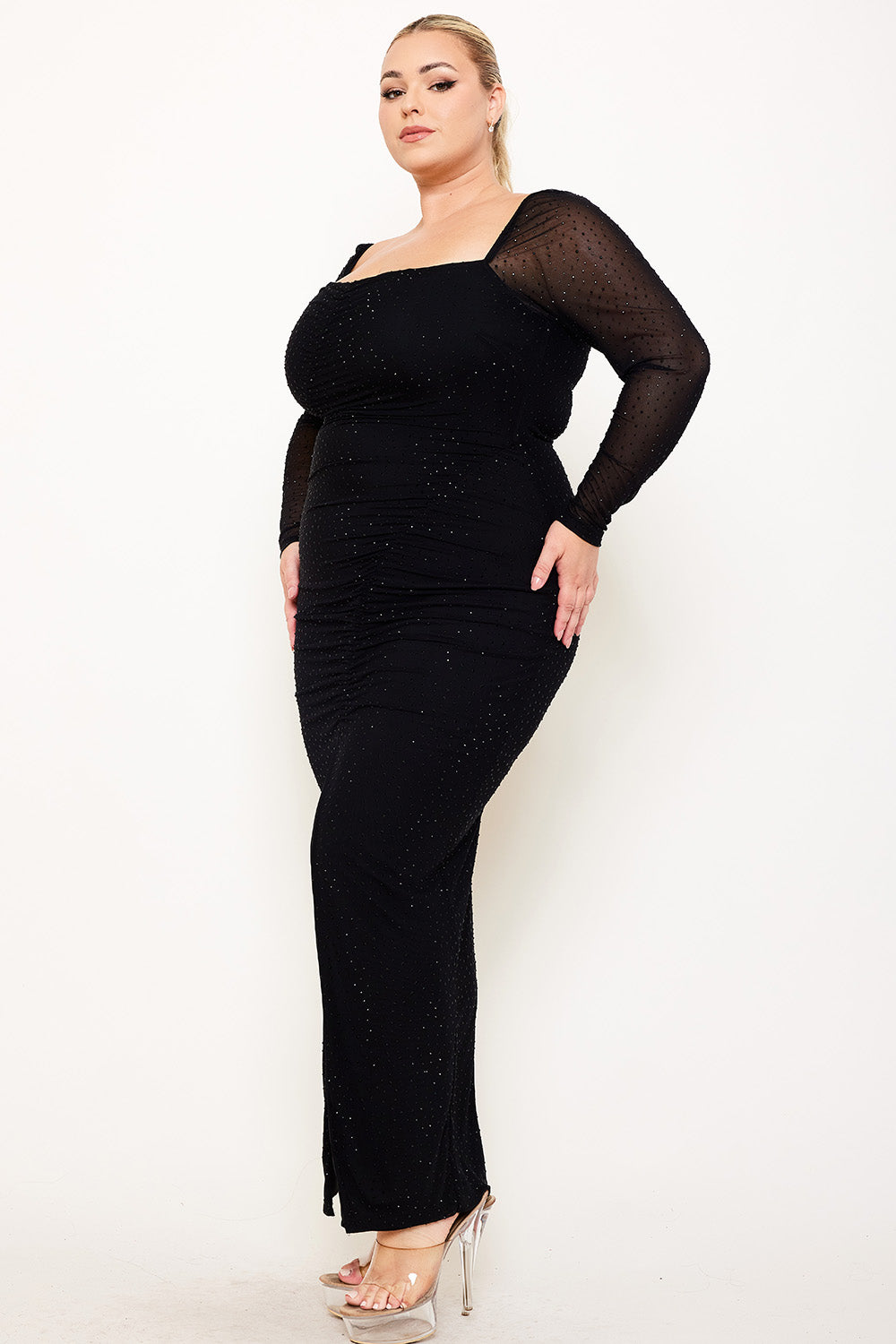 RHINESTONE ON MESH RUCHED PLUS SIZE MAXI DRESS