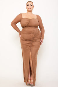 RHINESTONE ON MESH RUCHED PLUS SIZE MAXI DRESS