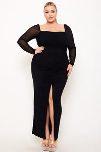 RHINESTONE ON MESH RUCHED PLUS SIZE MAXI DRESS