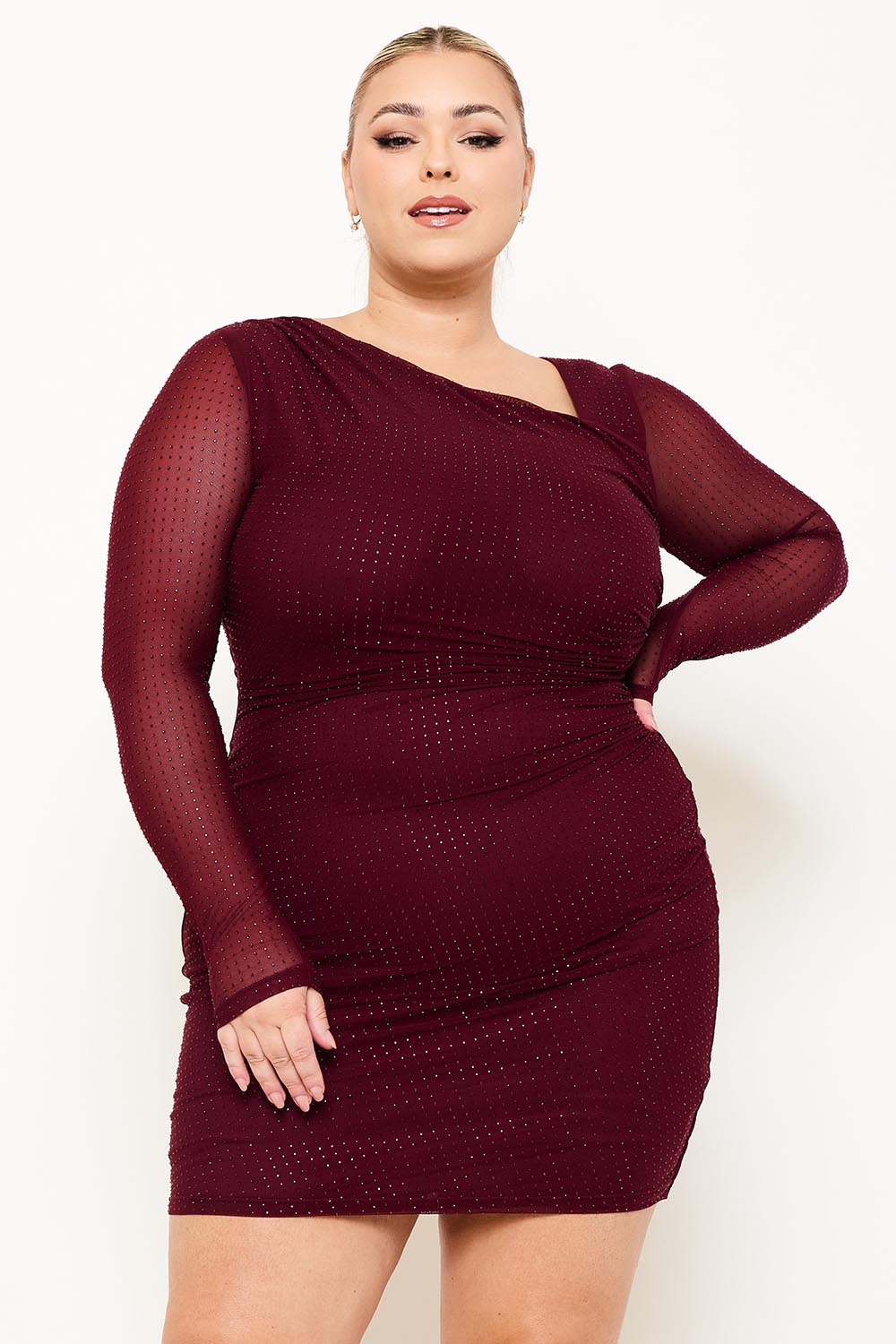 RHINESTONE ON POWER MESH PLUS SIZE MINI DRESS