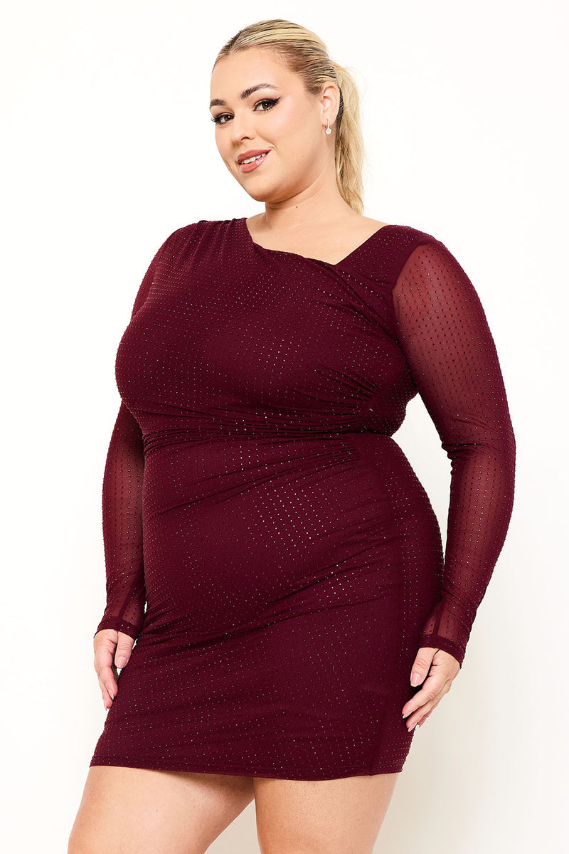 RHINESTONE ON POWER MESH PLUS SIZE MINI DRESS