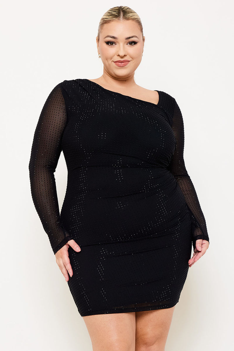 RHINESTONE ON POWER MESH PLUS SIZE MINI DRESS