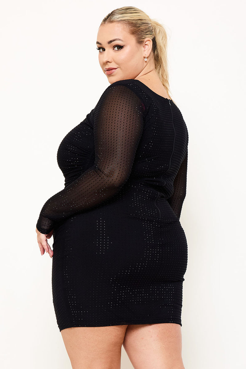 RHINESTONE ON POWER MESH PLUS SIZE MINI DRESS