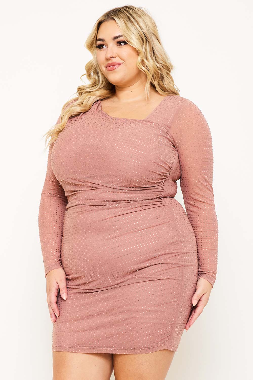 RHINESTONE ON POWER MESH PLUS SIZE MINI DRESS