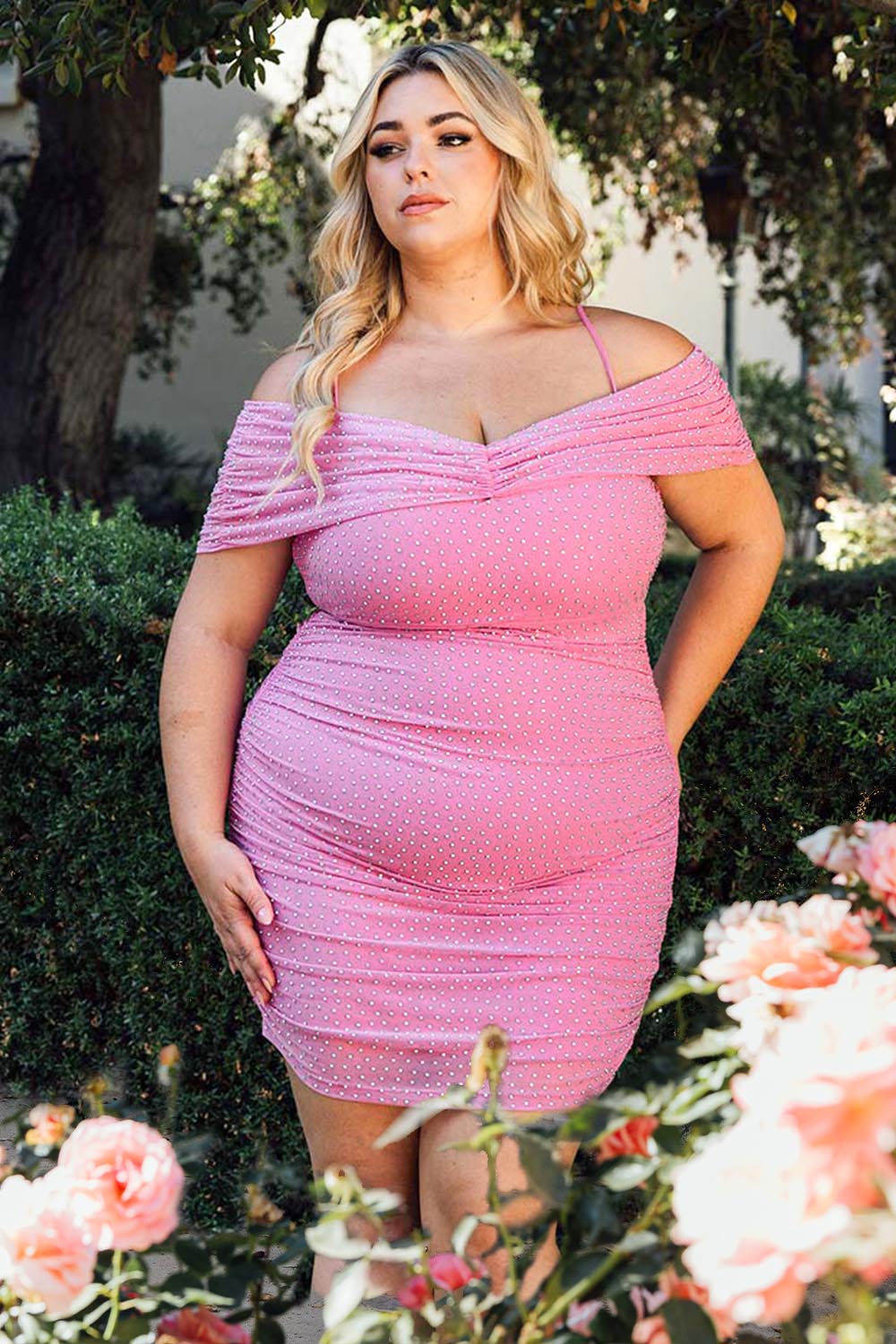 RHINESTONE ON POWER MESH PLUS SIZE MINI DRESS