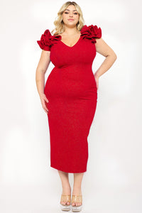 GLITTER RUFFLE SHOULDERS PLUS SIZE MIDI DRESS