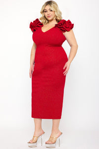 GLITTER RUFFLE SHOULDERS PLUS SIZE MIDI DRESS