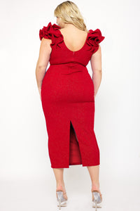 GLITTER RUFFLE SHOULDERS PLUS SIZE MIDI DRESS