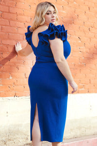 GLITTER RUFFLE SHOULDERS PLUS SIZE MIDI DRESS