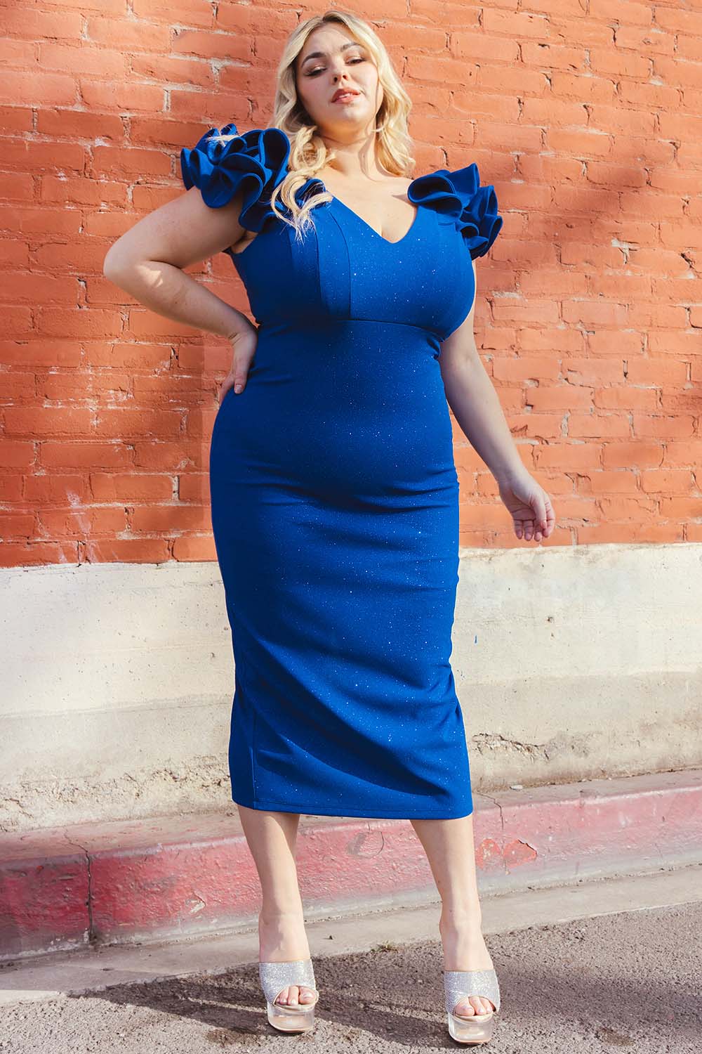 GLITTER RUFFLE SHOULDERS PLUS SIZE MIDI DRESS