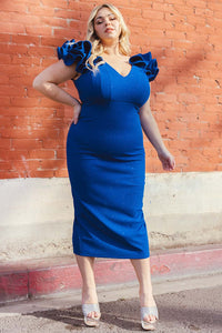 GLITTER RUFFLE SHOULDERS PLUS SIZE MIDI DRESS