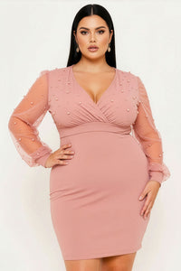 PEARL BEADED ON MESH WITH CONTRAST POWER SATIN PLUS SIZE MINI DRESS