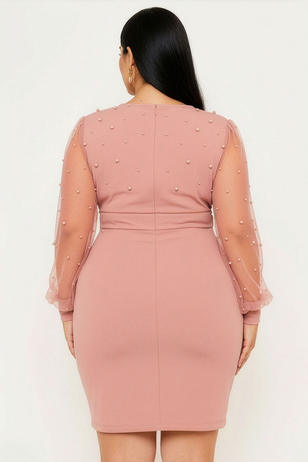 PEARL BEADED ON MESH WITH CONTRAST POWER SATIN PLUS SIZE MINI DRESS