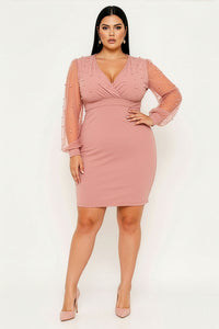 PEARL BEADED ON MESH WITH CONTRAST POWER SATIN PLUS SIZE MINI DRESS