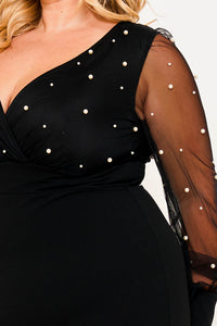 PEARL BEADED ON MESH WITH CONTRAST POWER SATIN PLUS SIZE MINI DRESS