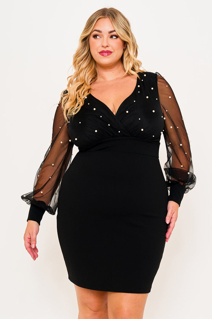 PEARL BEADED ON MESH WITH CONTRAST POWER SATIN PLUS SIZE MINI DRESS