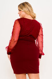PEARL BEADED ON MESH WITH CONTRAST POWER SATIN PLUS SIZE MINI DRESS