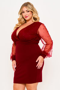 PEARL BEADED ON MESH WITH CONTRAST POWER SATIN PLUS SIZE MINI DRESS