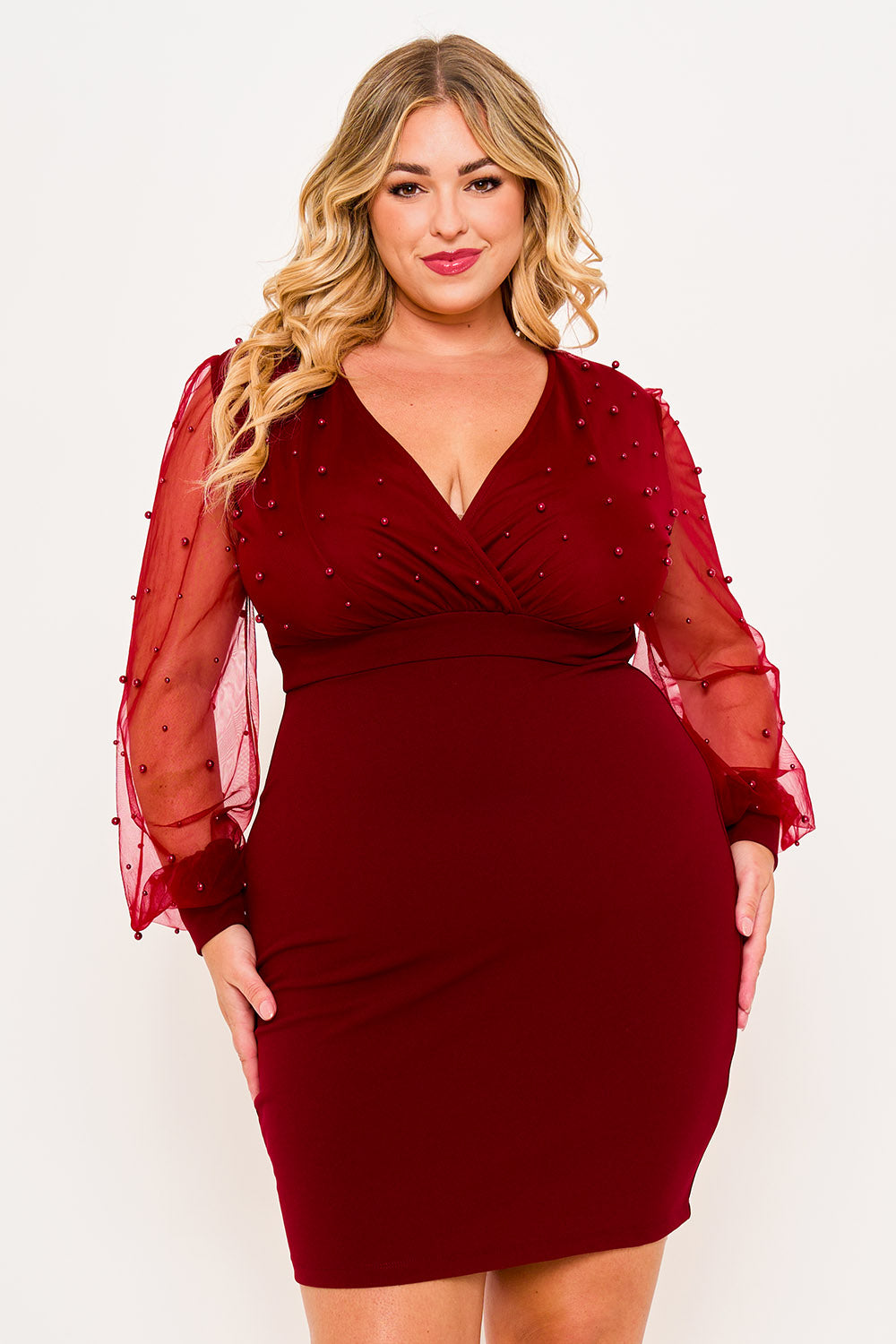 PEARL BEADED ON MESH WITH CONTRAST POWER SATIN PLUS SIZE MINI DRESS