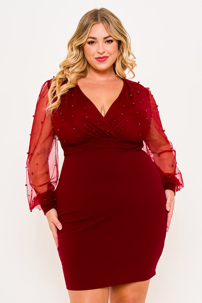 PEARL BEADED ON MESH WITH CONTRAST POWER SATIN PLUS SIZE MINI DRESS