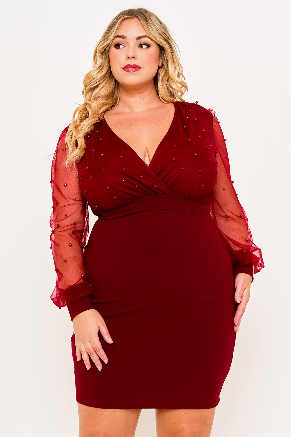 PEARL BEADED ON MESH WITH CONTRAST POWER SATIN PLUS SIZE MINI DRESS