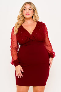 PEARL BEADED ON MESH WITH CONTRAST POWER SATIN PLUS SIZE MINI DRESS