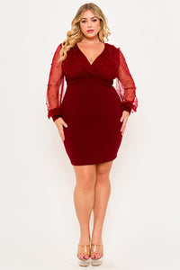 PEARL BEADED ON MESH WITH CONTRAST POWER SATIN PLUS SIZE MINI DRESS