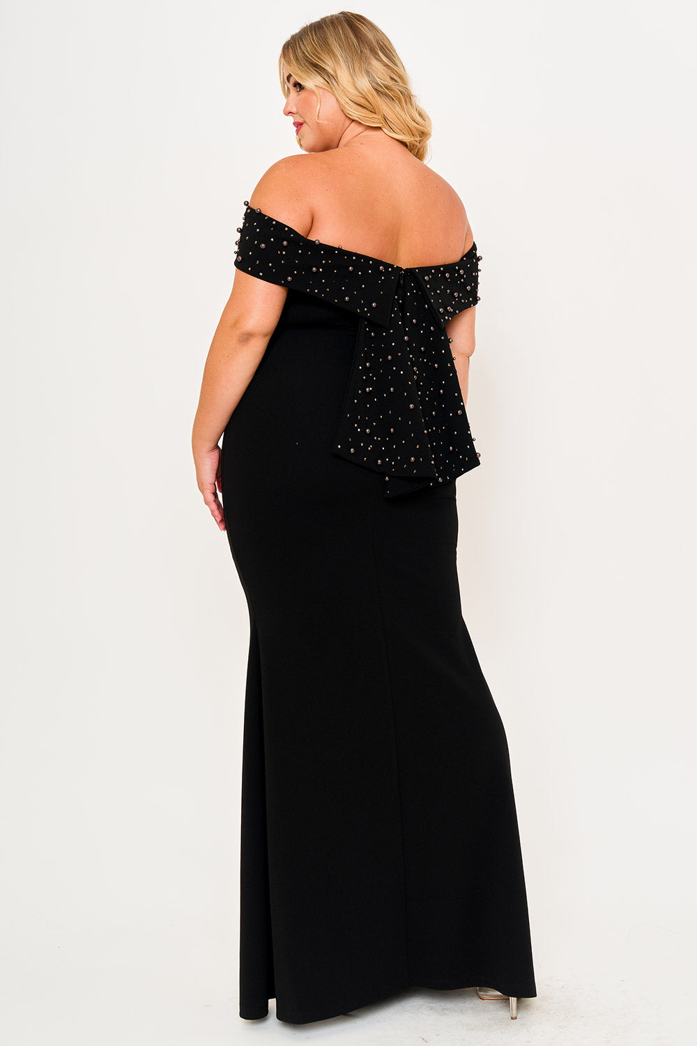 PEARL BEADED DETAIL OFF THE SHOULDER MERMAID PLUS SIZE MAXI DRESS