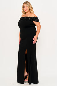 PEARL BEADED DETAIL OFF THE SHOULDER MERMAID PLUS SIZE MAXI DRESS